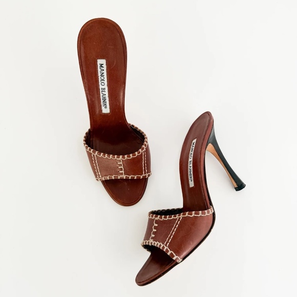 Manolo Blahnik Brown Leather Stitched Sandal Heels - Picture 1 of 6